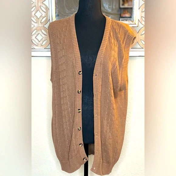 🤩  VINTAGE Oscar De La Renta Vest Mens Brn Cable Knit Sleeveless Button Grandpa - Picture 2 of 8